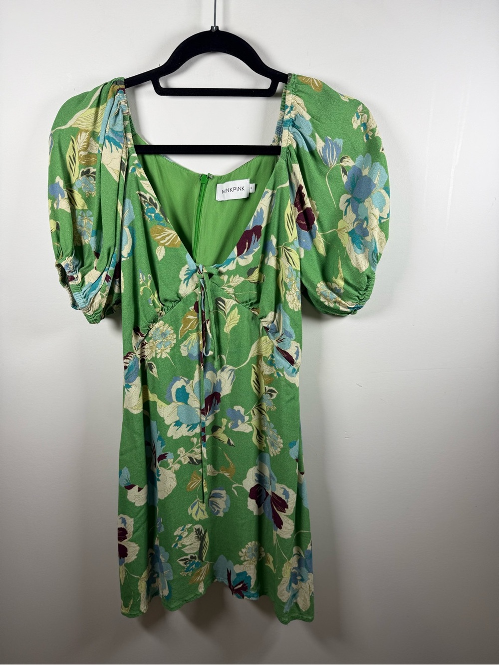 MINKPINK | Green Floral Puff Sleeve Mini Dress Size S